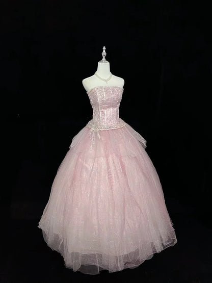 Princess Ball Gown Strapless Pink With Appliqued Quince Dress Voluminous Sweet 16 Sweet Sixteen Outfits Vestido de 15 RB7486