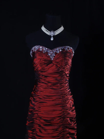 Vintage 50s 1950s Formal Mermaid Strapless Burgundy Tiered With Beads Sleeveless Long Prom Dresses Party Formal Gowns AS116