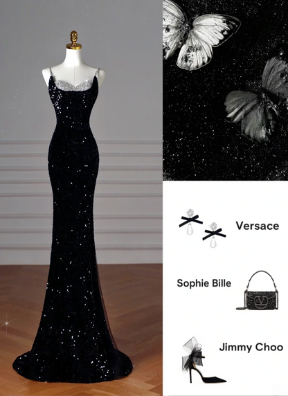 Glamour Mermaid Spaghetti Straps Black Sequin Long Prom Dresses Party Dress 20th Birthday Outfits Prom Gowns RB1511