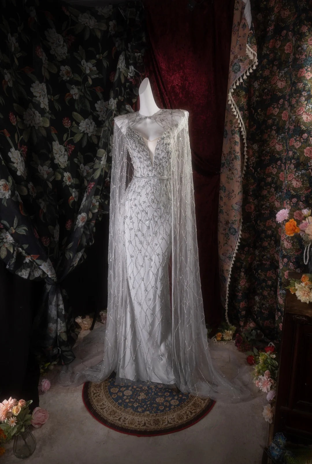 Elegant Mermaid Spaghetti Straps Silver Gray With Beading Cape Long Prom Dresses Formal Outfit Evening Night Dress RB8131