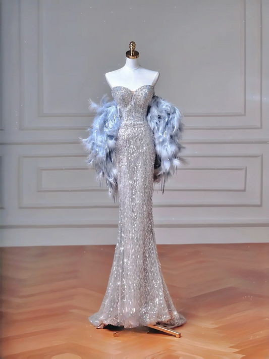 Elegant Mermaid Sweetheart Silver Gray Sequin Long Formal Prom Evening Dress Dinner Outfits Party Gowns AQ117
