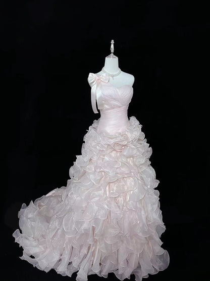 Vintage Mermaid One Shoulder Pink With Tiered Layers Prom Dress Formal Outfits Party Dresses RB7487
