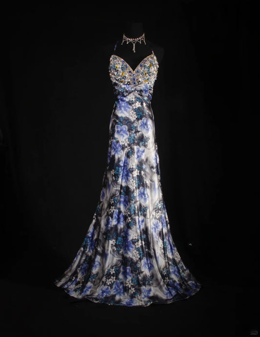 Vintage 50s 1950s Formal Mermaid Halter Blue Floral Pleated With Beads Sleeveless Long Prom Dresses Party Formal Gowns AS118