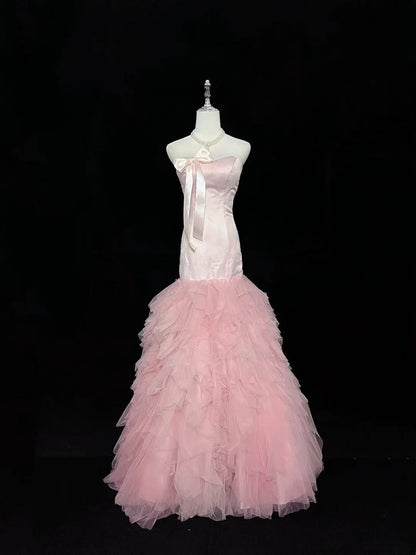Vintage Mermaid Sweetheart Tulle Pink With Tiered Layers Prom Dress Formal Outfits Party Dresses RB7488
