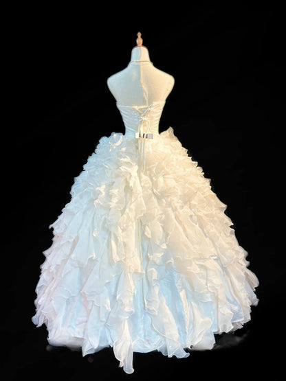 Classy Ball Gown Strapless White Tulle With Ruffled Tiered Layers Brides Gown Bridal Dress Long Poofy Wedding Dresses RB5786