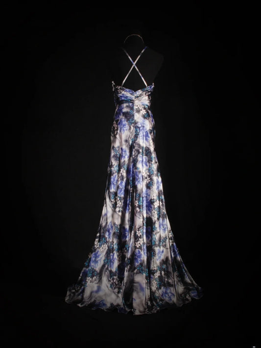 Vintage 50s 1950s Formal Mermaid Halter Blue Floral Pleated With Beads Sleeveless Long Prom Dresses Party Formal Gowns AS118