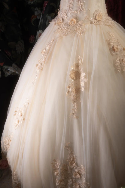 Cute Ball Gown Off The Shoulder Gold Tulle With Appliqued Long Quince Dress Quinceanera Dresses Formal Birthday Outfits RB8133