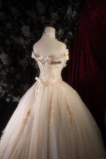 Cute Ball Gown Off The Shoulder Gold Tulle With Appliqued Long Quince Dress Quinceanera Dresses Formal Birthday Outfits RB8133