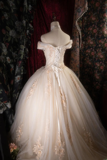 Cute Ball Gown Off The Shoulder Gold Tulle With Appliqued Long Quince Dress Quinceanera Dresses Formal Birthday Outfits RB8133