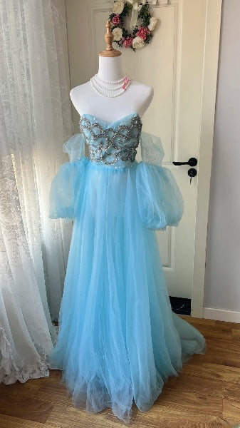 Prom Dress A line Sweetheart Blue With Beading Formal Party Gown For Senior Women RC0485