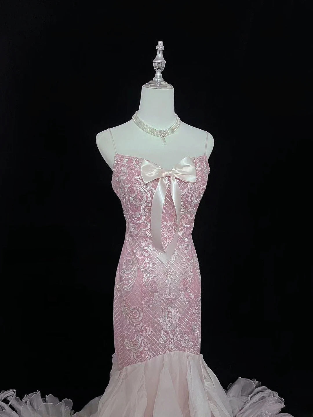 Vintage Mermaid Spaghetti Straps Chiffon Pink With Tiered Layers Lace Prom Dress Formal Outfits Party Dresses RB7489