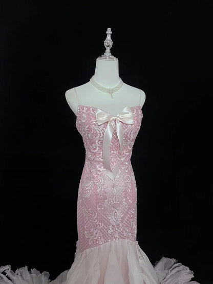 Vintage Mermaid Spaghetti Straps Chiffon Pink With Tiered Layers Lace Prom Dress Formal Outfits Party Dresses RB7489