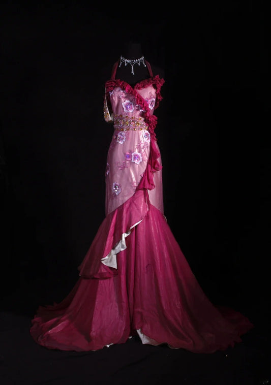 Vintage 50s 1950s Formal Mermaid Halter Hot Pink Pleated With Beads Sleeveless Long Prom Dresses Party Formal Gowns AS119