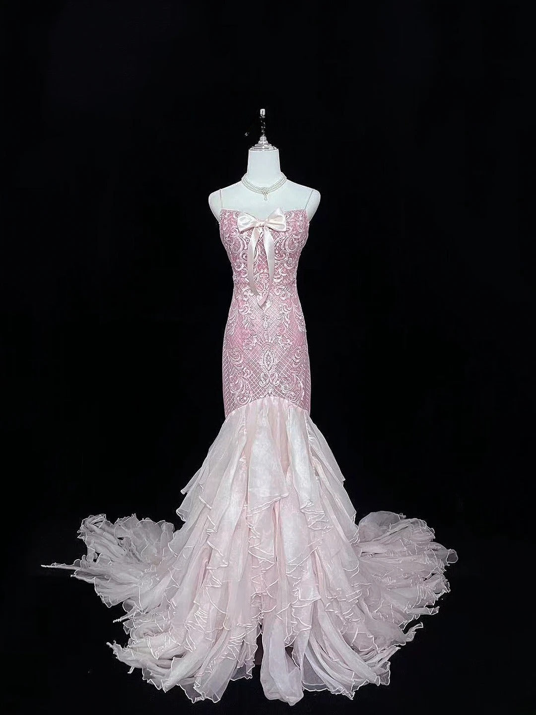 Vintage Mermaid Spaghetti Straps Chiffon Pink With Tiered Layers Lace Prom Dress Formal Outfits Party Dresses RB7489