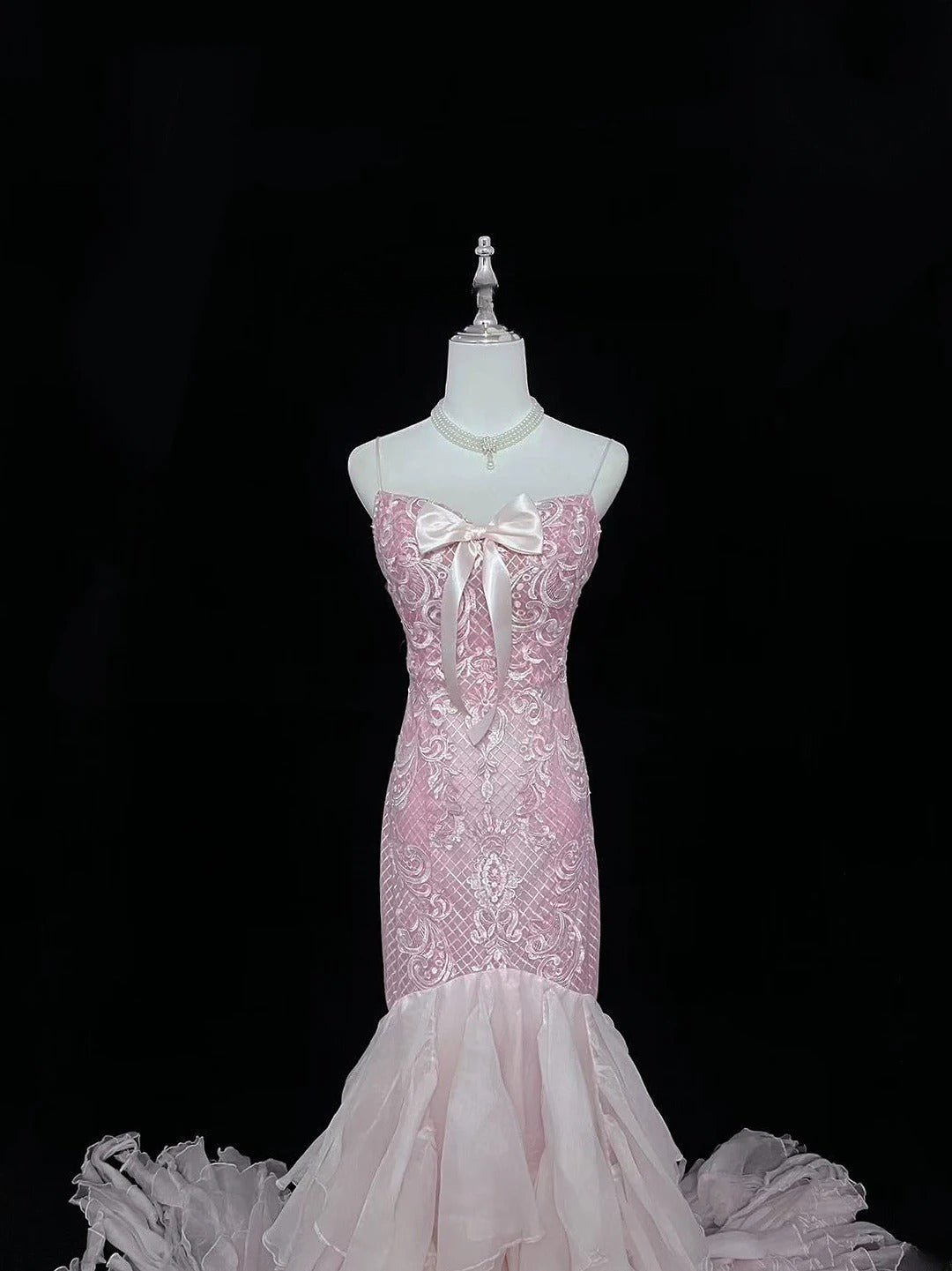 Vintage Mermaid Spaghetti Straps Chiffon Pink With Tiered Layers Lace Prom Dress Formal Outfits Party Dresses RB7489