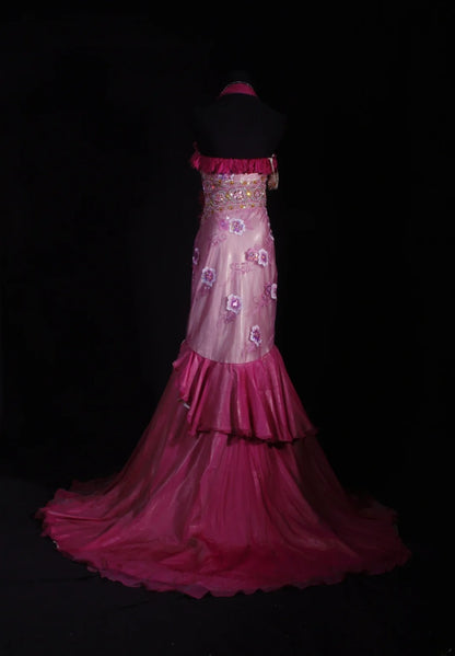 Vintage 50s 1950s Formal Mermaid Halter Hot Pink Pleated With Beads Sleeveless Long Prom Dresses Party Formal Gowns AS119