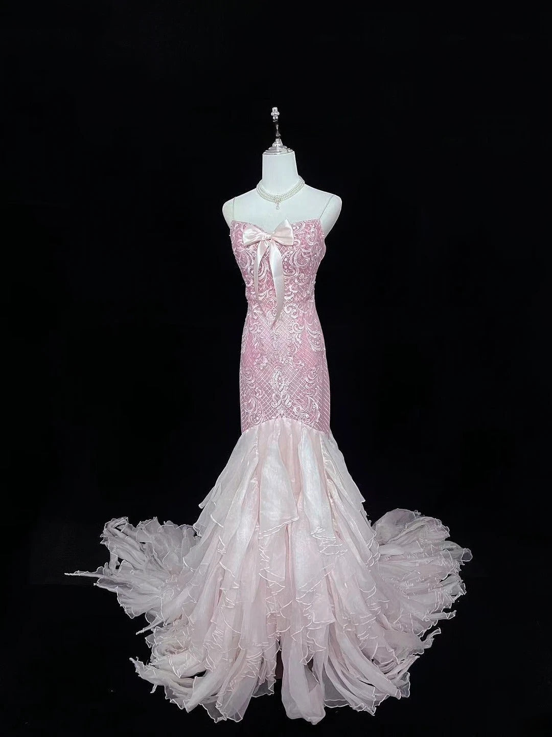 Vintage Mermaid Spaghetti Straps Chiffon Pink With Tiered Layers Lace Prom Dress Formal Outfits Party Dresses RB7489