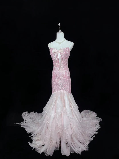Vintage Mermaid Spaghetti Straps Chiffon Pink With Tiered Layers Lace Prom Dress Formal Outfits Party Dresses RB7489