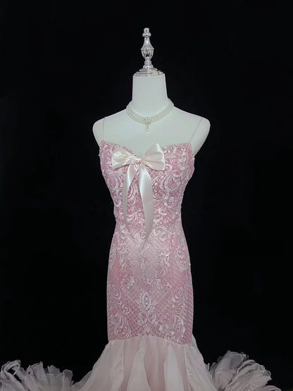 Vintage Mermaid Spaghetti Straps Chiffon Pink With Tiered Layers Lace Prom Dress Formal Outfits Party Dresses RB7489