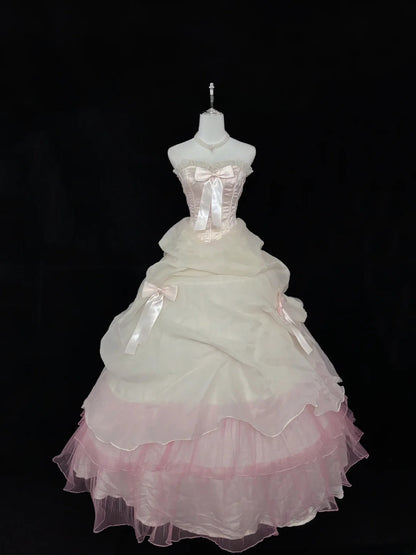 Princess Ball Gown Strapless Pink With Bow Quince Dress Voluminous Sweet 16 Sweet Sixteen Outfits Vestido de 15 RB7490
