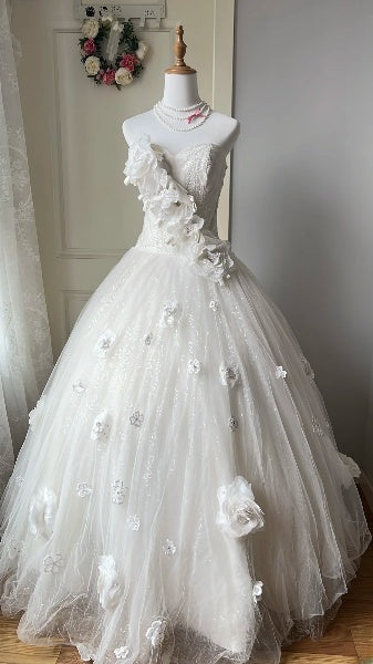 Modest Sweet 16 Dress Long Sweetheart White Tulle With 3D Flowers Ball Gown Sweet Sixteen Party Birthday Dresses RC0486