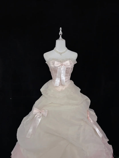 Princess Ball Gown Strapless Pink With Bow Quince Dress Voluminous Sweet 16 Sweet Sixteen Outfits Vestido de 15 RB7490