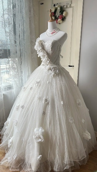 Modest Sweet 16 Dress Long Sweetheart White Tulle With 3D Flowers Ball Gown Sweet Sixteen Party Birthday Dresses RC0486