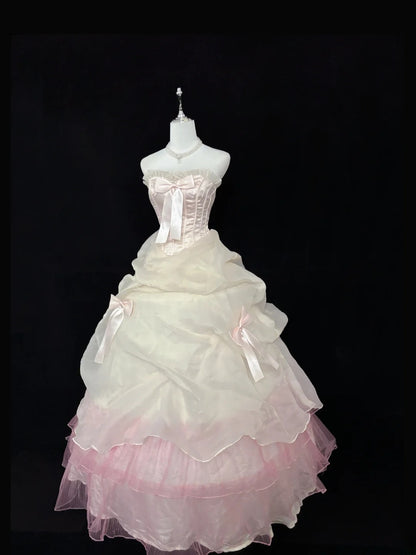 Princess Ball Gown Strapless Pink With Bow Quince Dress Voluminous Sweet 16 Sweet Sixteen Outfits Vestido de 15 RB7490