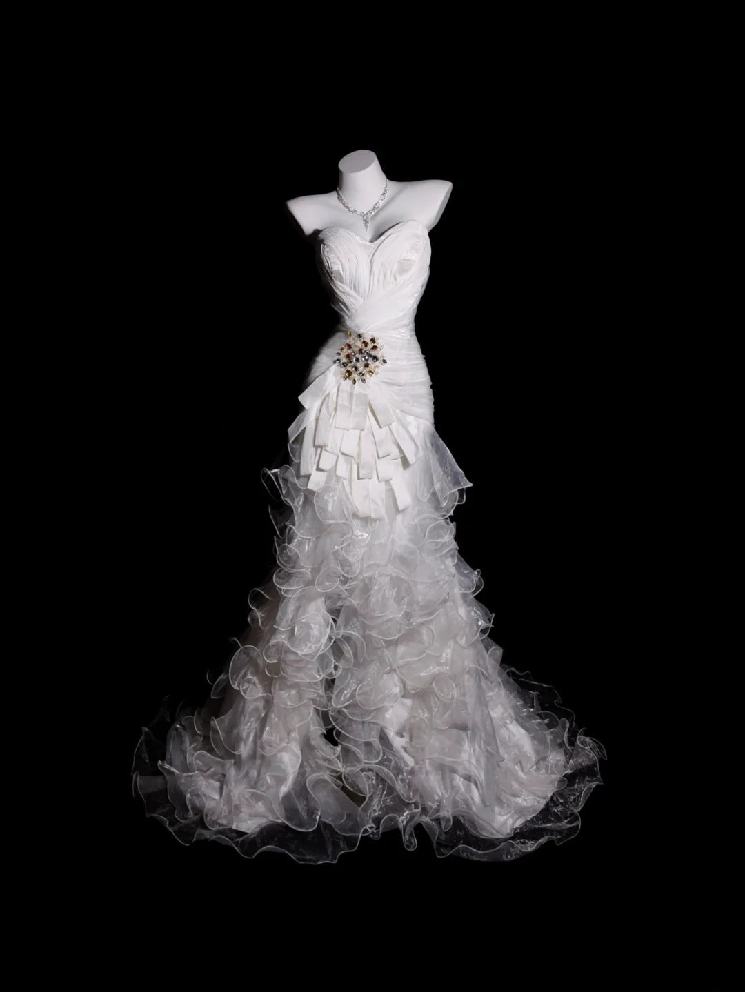 White Prom Dress Mermaid Sweetheart Tulle With Tiered Ruffled Modest Formal Party Gown RB9918