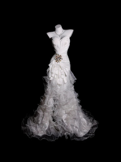 White Prom Dress Mermaid Sweetheart Tulle With Tiered Ruffled Modest Formal Party Gown RB9918