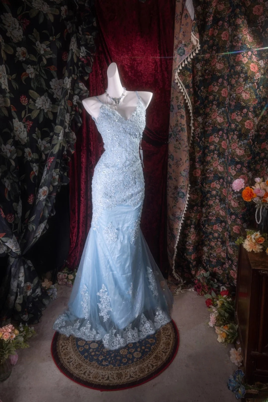 Elegant Mermaid Spaghetti Straps Blue With Appliqued Long Prom Dresses Formal Outfit Evening Night Dress RB8134