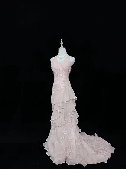 Vintage Mermaid Halter Chiffon Pink With Tiered Layers Long Prom Dress Formal Outfits Party Dresses RB7491