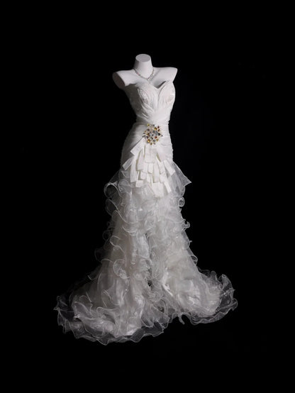 White Prom Dress Mermaid Sweetheart Tulle With Tiered Ruffled Modest Formal Party Gown RB9918