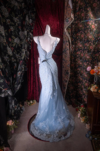 Elegant Mermaid Spaghetti Straps Blue With Appliqued Long Prom Dresses Formal Outfit Evening Night Dress RB8134