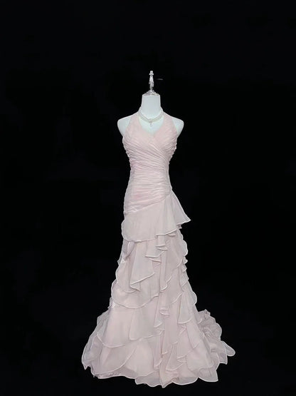 Vintage Mermaid Halter Chiffon Pink With Tiered Layers Long Prom Dress Formal Outfits Party Dresses RB7491