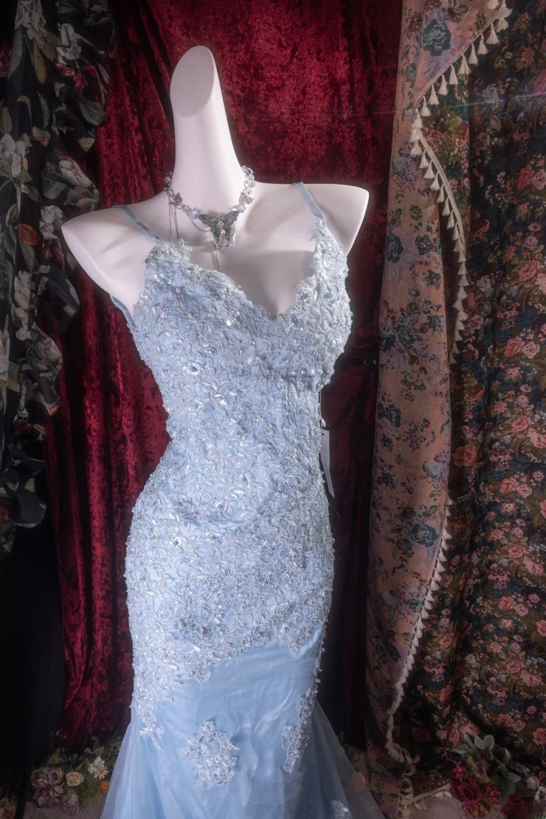 Elegant Mermaid Spaghetti Straps Blue With Appliqued Long Prom Dresses Formal Outfit Evening Night Dress RB8134