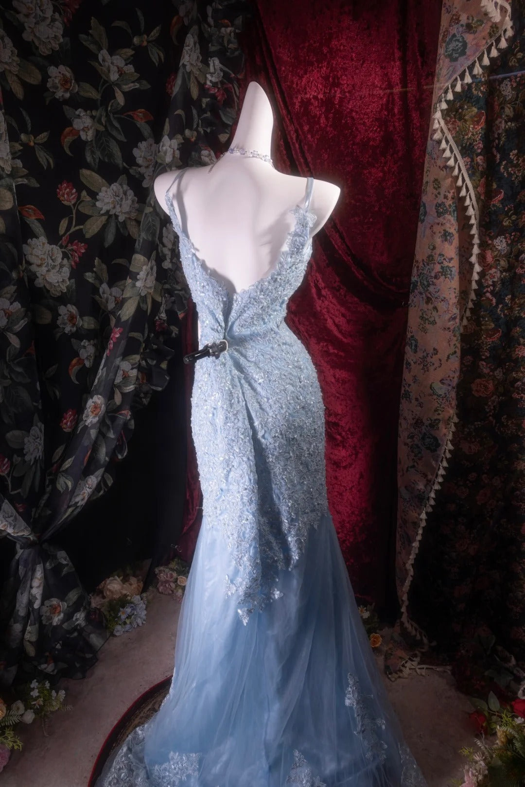 Elegant Mermaid Spaghetti Straps Blue With Appliqued Long Prom Dresses Formal Outfit Evening Night Dress RB8134