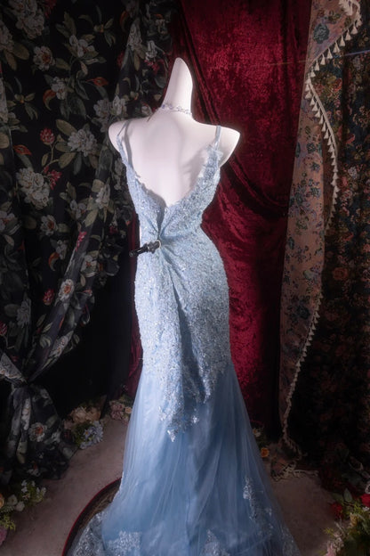 Elegant Mermaid Spaghetti Straps Blue With Appliqued Long Prom Dresses Formal Outfit Evening Night Dress RB8134