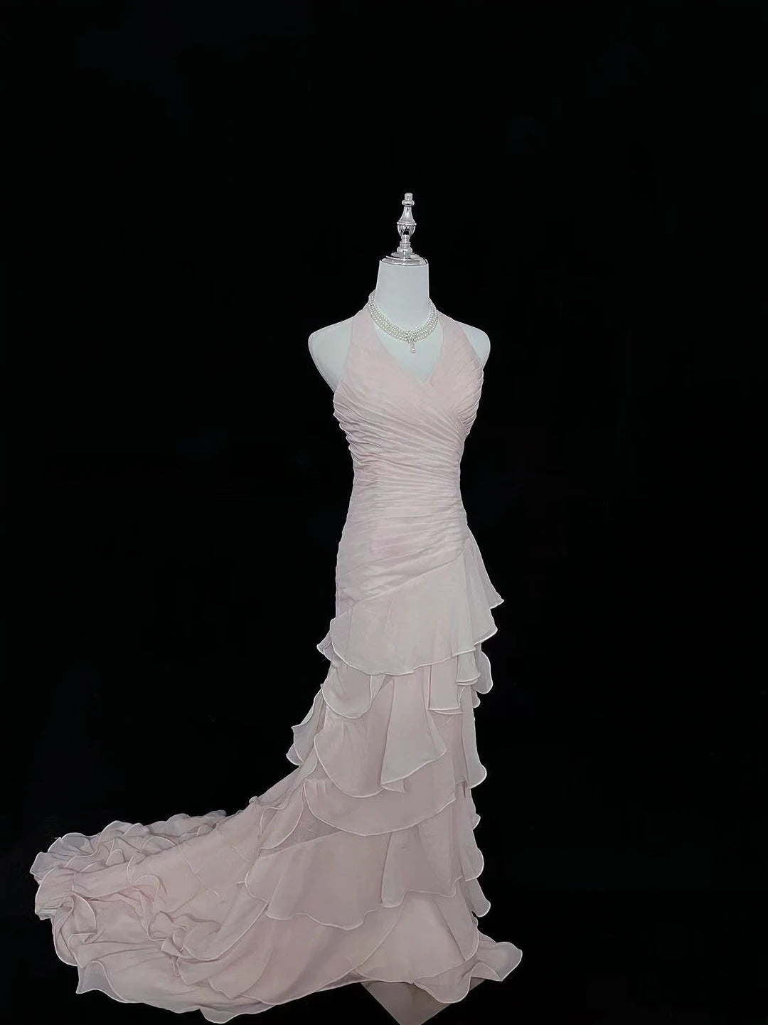 Vintage Mermaid Halter Chiffon Pink With Tiered Layers Long Prom Dress Formal Outfits Party Dresses RB7491