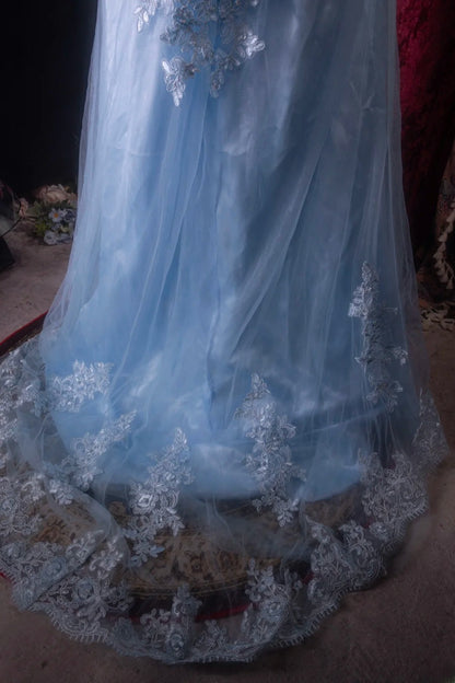 Elegant Mermaid Spaghetti Straps Blue With Appliqued Long Prom Dresses Formal Outfit Evening Night Dress RB8134