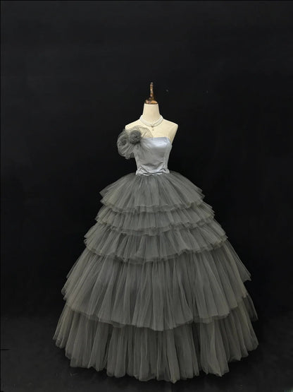Princess Ball Gown Strapless Grey With Bow Quince Dress Voluminous Sweet 16 Sweet Sixteen Outfits Vestido de 15 RB7492