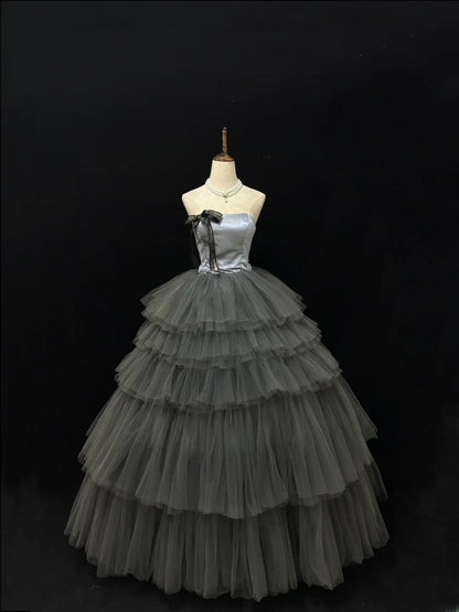 Princess Ball Gown Strapless Grey With Bow Quince Dress Voluminous Sweet 16 Sweet Sixteen Outfits Vestido de 15 RB7492