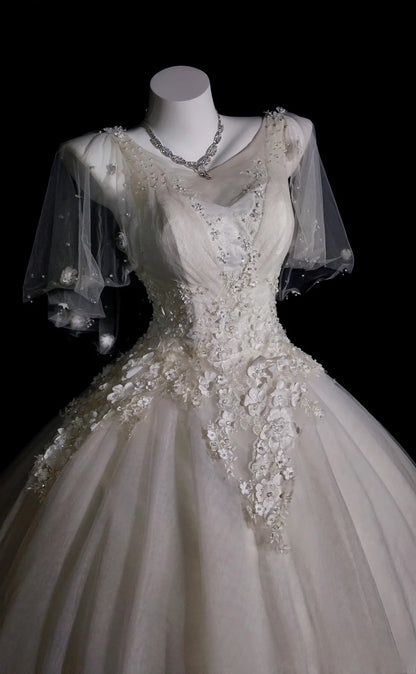 Vintage Wedding Dress Ball Gown V Neck Tulle Appliques White With Sleeves Bridal Gown for Big Day RB9919