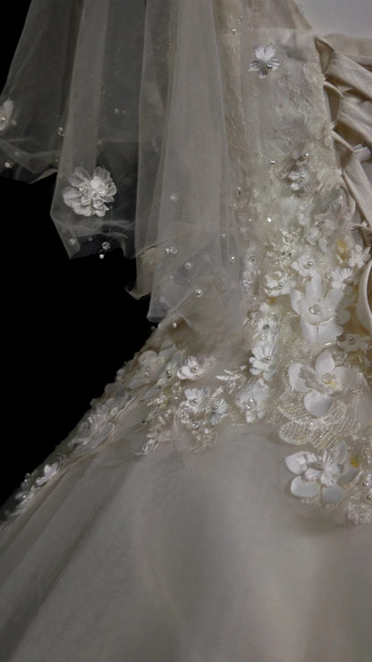 Vintage Wedding Dress Ball Gown V Neck Tulle Appliques White With Sleeves Bridal Gown for Big Day RB9919