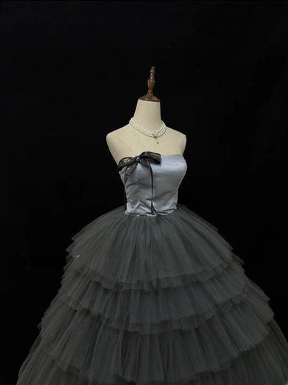 Princess Ball Gown Strapless Grey With Bow Quince Dress Voluminous Sweet 16 Sweet Sixteen Outfits Vestido de 15 RB7492
