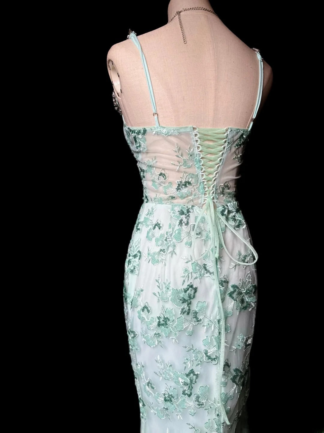 Modest Prom Dresses Mermaid Spaghetti Strap Mint Green With Beading Lace Long Party Dress Formal Outfits RB5933