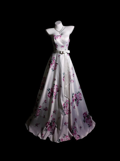 White Prom Dress A Line Strapless Satin Floor Length Modest Formal Party Gown RB9920