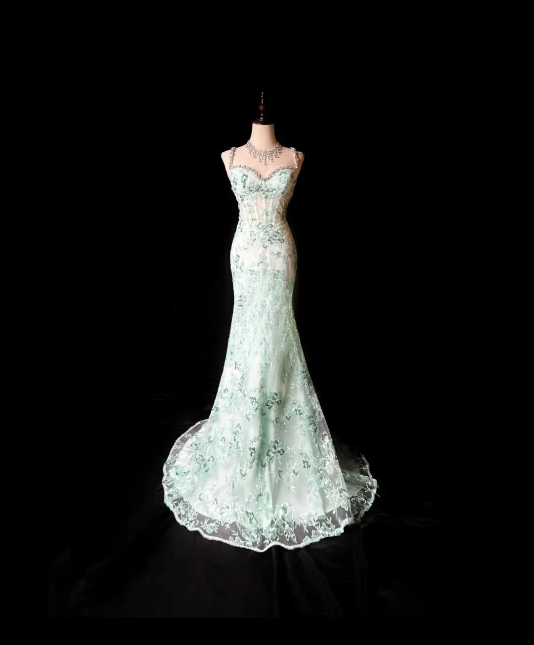 Modest Prom Dresses Mermaid Spaghetti Strap Mint Green With Beading Lace Long Party Dress Formal Outfits RB5933