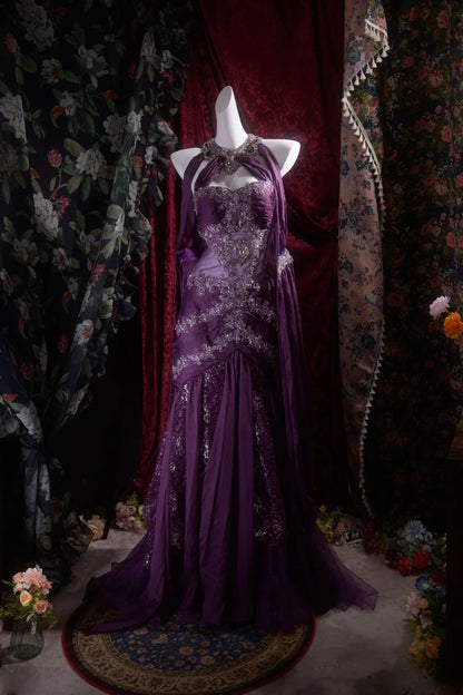 Vintage Mermaid Halter Purple Chiffon With Beading Appliqued Long Prom Dresses Formal Outfit Evening Night Gown RB8136