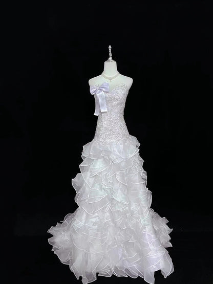 Vintage Mermaid Sweetheart Lilac With Tiered Layers Lace Long Prom Dress Formal Outfits Party Dresses RB7494